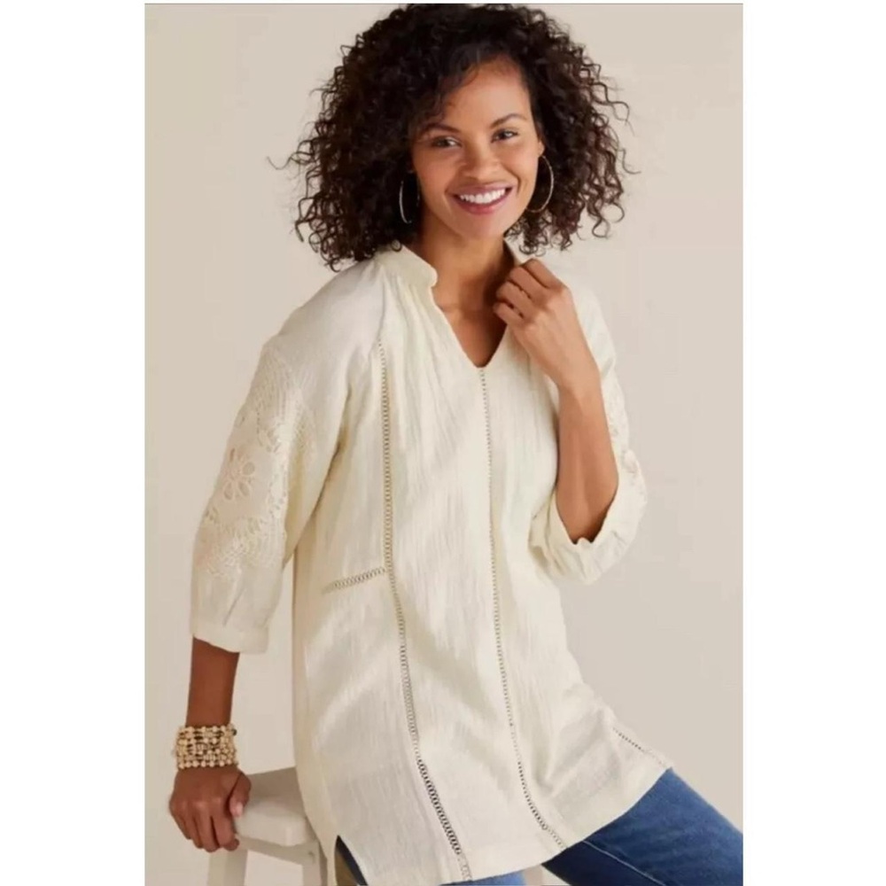 Soft Surroundings Magnolia Gauze Crochet Lace Tunic Top, Size Large